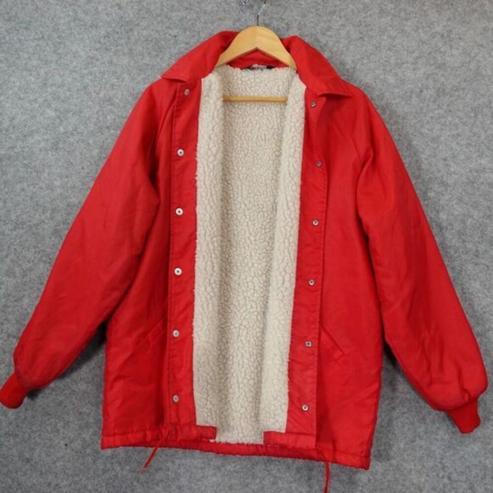 Vintage Bright Red Oversized Coach Jacket M Sherpa Stadium 70s SPORTSMASTER